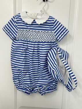Ralph Lauren Blue and White Striped Smocked Baby Romper with Collar and Sun Hat